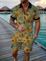 Hawaiian Polo Set Men Tracksuit Sets Summer 3D Beach Outfits Polo Shirt Shorts 2pcs Sets Zipper Coconut Tree Casual man Clothing