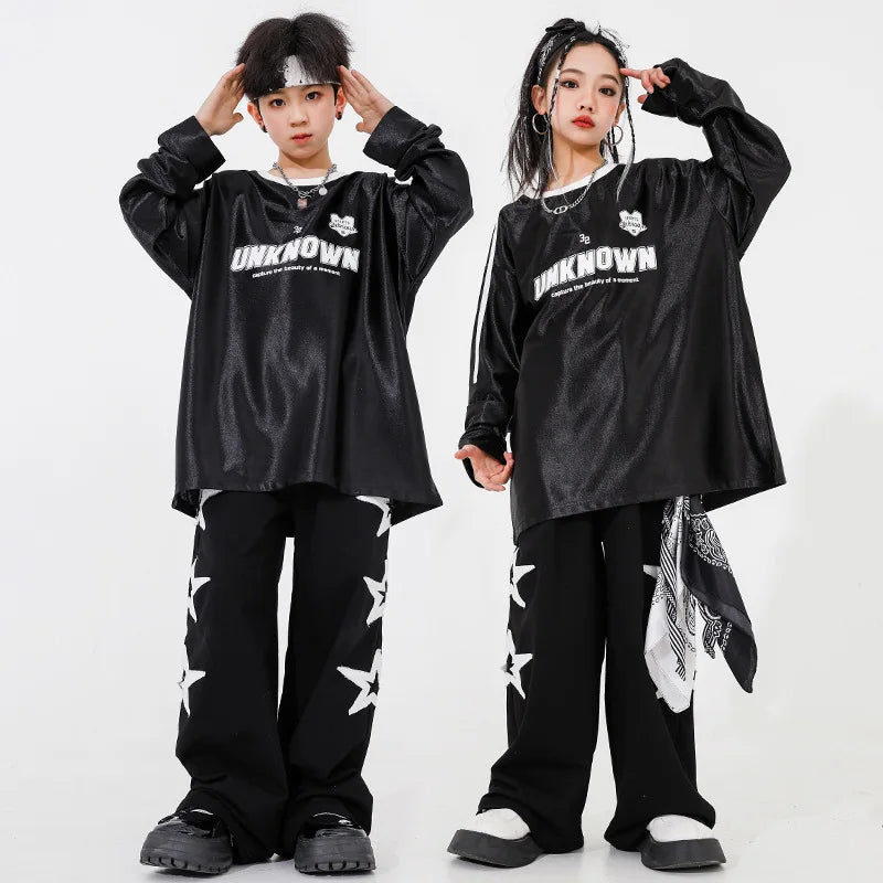 New Teenagers Kids Hip Hop Dance Costume Long Sleeve Tops Baggy Pants Boys Street Dance Wear Girls Jazz K-pop Performance Suit