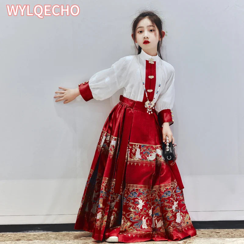 2024 NEW Summer Chinese Hanfu Dress For Girls Traditional Embroidery Horse-face Skirt For Kids Princess Hanbok