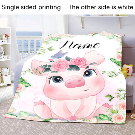 Custom Name Blanket Kawaii Baby Girl Boy Kids Personalized Blankets Cartoon Animal Cute Soft Flannel Throw Blanket Birthday Gift