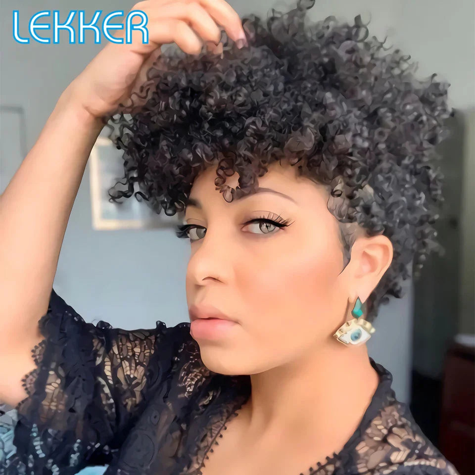 Lekker Short Curly Human Hair Wigs For Black Women Pixie Bob Afro Kinky Brazilian Remy Natural Part Side With Bangs Cheap Wigs