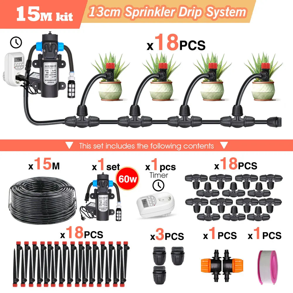 50-5M 13cm Stake Sprinkler Watering System Garden 60W Power Self-Priming Pump Automatic Irrigation Equipment 1/4”Hose Drip Kits