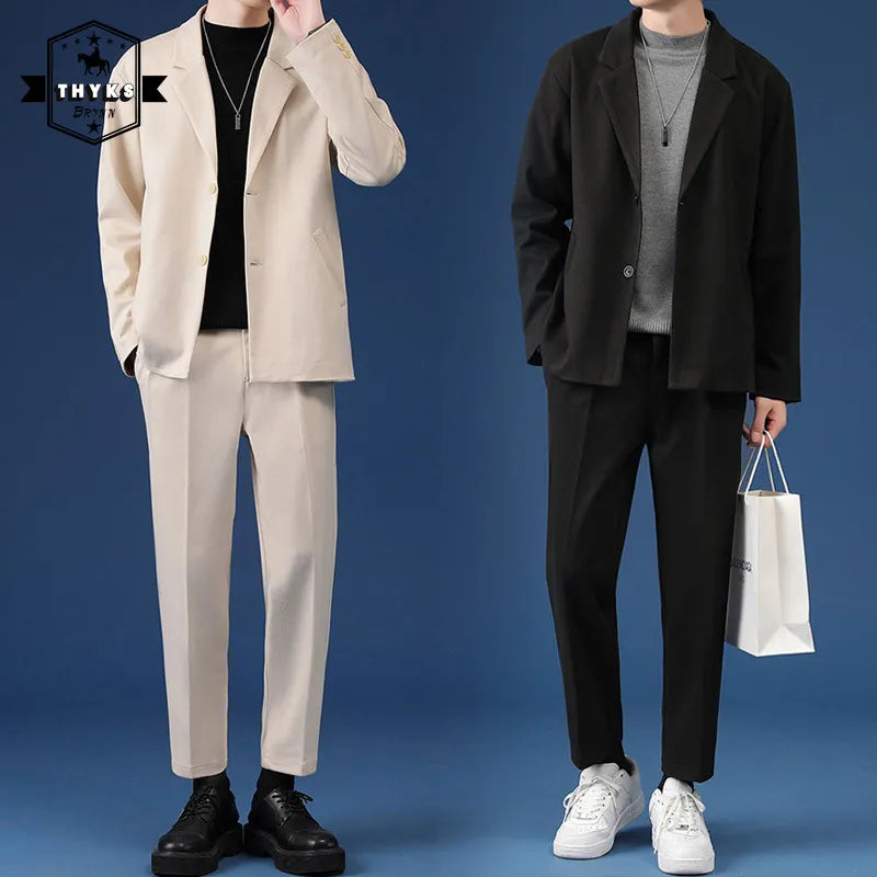 Male Casual Suit Luxury Jackets Blazer Set Streetwear Stylish Korean 2 Pieces Sets with Pants 2022 Spring Overcoat & Trousers