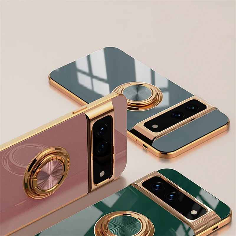 Luxury Plating Silicone Shockproof Phone Case For Google Pixel 8 8A 7 Pro 7A 6A Metal Ring Magnetic Holder Stand Soft Back Cover