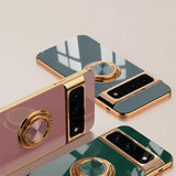 Luxury Plating Silicone Shockproof Phone Case For Google Pixel 8 8A 7 Pro 7A 6A Metal Ring Magnetic Holder Stand Soft Back Cover