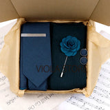 Viola Design 5PCS Gift Box Solid Cotton Sock Tie Sets Clip Pin Cufflinks Hanky Colorful Men Wedding Party Daily Cravat Accessory