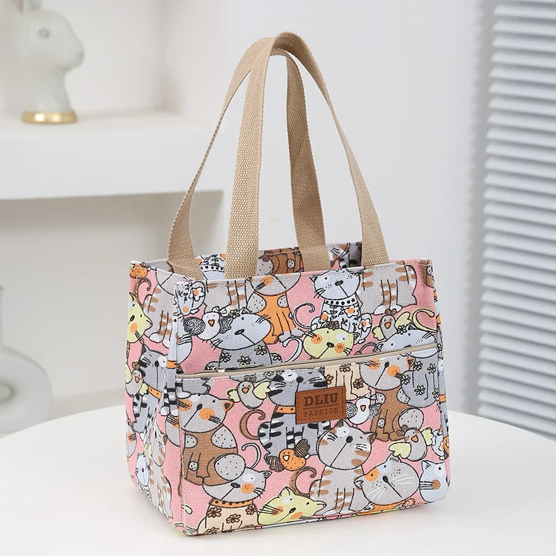 Portable Floral Print Lunch Bag Thermal Insulated Lunch Box Tote Cooler Functional Handbag Student Bento Pouch Food Storage Bags