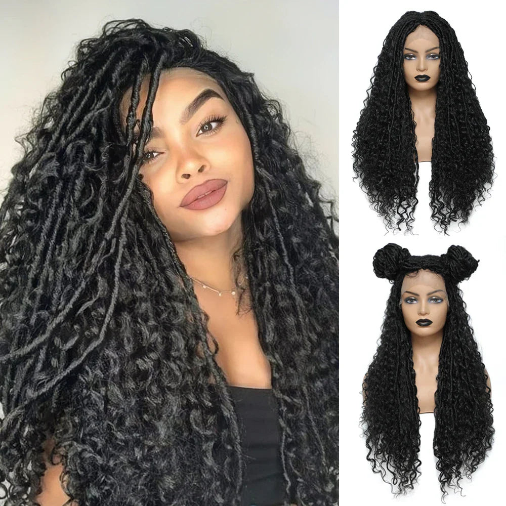 X-TRESS Braided Wigs Lace Front Wig for Black Women 28 Inch Ombre Brown Faux Locs Crochet Hair With Curly Synthetic Lace Wigs