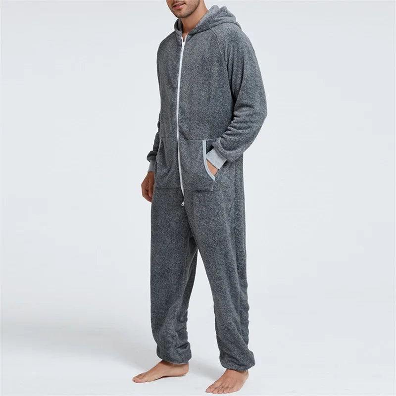 Men's Hooded Jumpsuit Pajamas Long Sleeve V Neck Zip Up Romper Pants Fall Winter Warm Loungewear Sleepwear