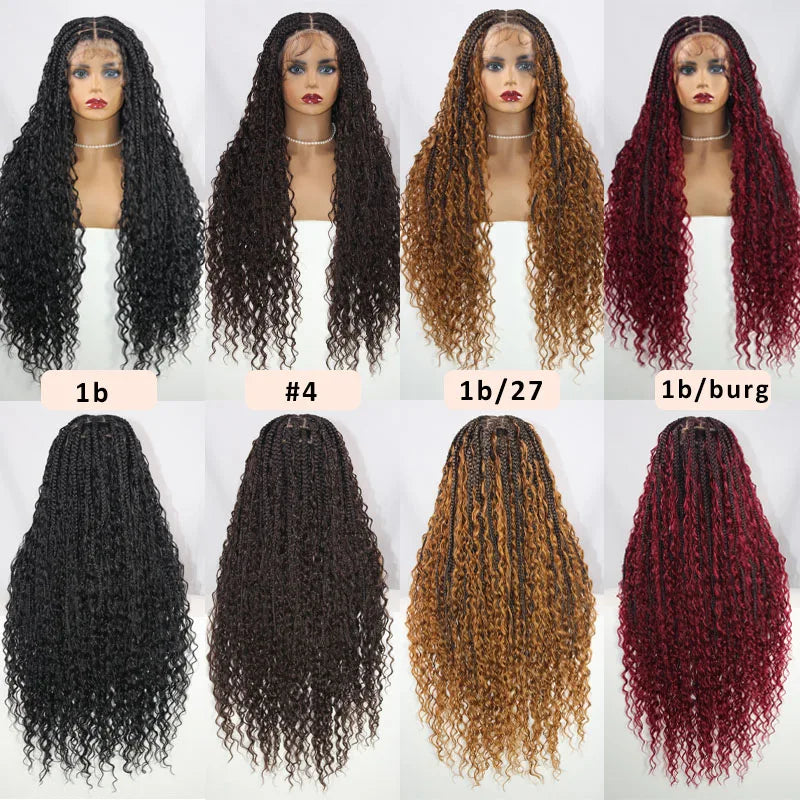 Blonde Bohemian Box Braids Wigs With Curly Hair Synthetic Braid Lace Frontal Wigs Goddess Locs Braided Wigs Burgundy Hair 32"
