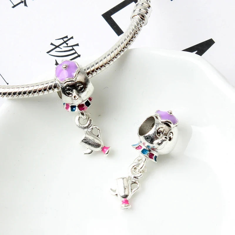 Fit Pandora Beauty and The Beast Charms Bracelet Kid Disney Purple Mrs. Potts Teapot Beads DIY Bijoux for Women Chip Cup Pendant