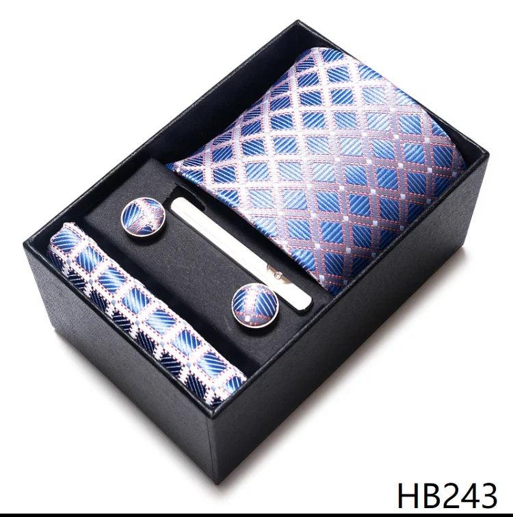 Luxurious Dropshipping 8 cm Birthday Gift Silk Tie Hanky Pocket Squares Cufflink Set Tie Clip Necktie Box Geometric