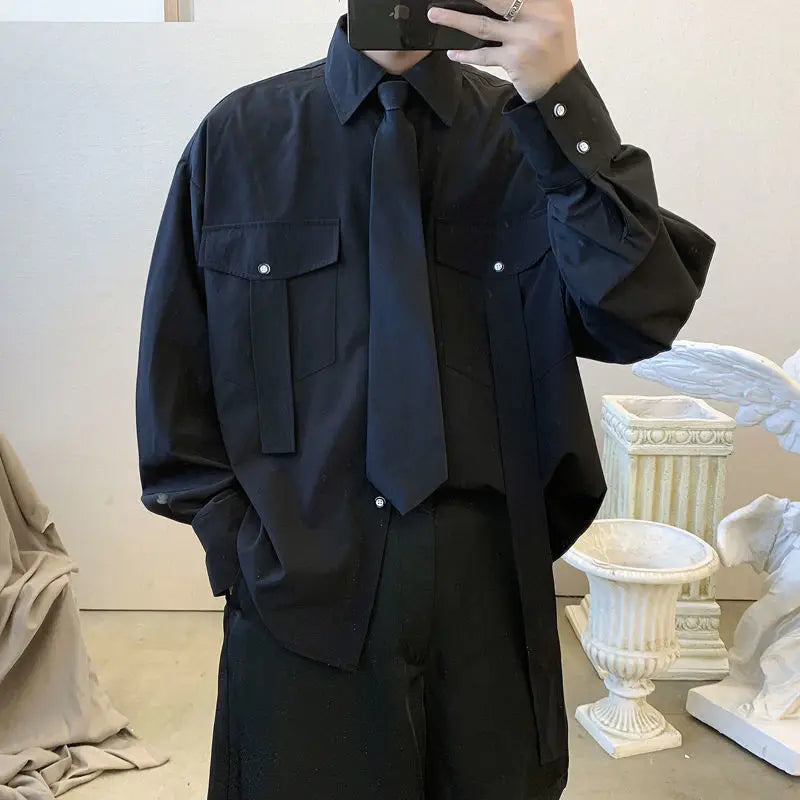 Gmiixder Cargo Long-sleeve Shirt with Tie Men's Oversize Kpop Shirt Korean Streetwear Versatile Motorcycle Pocket Streamers Coat