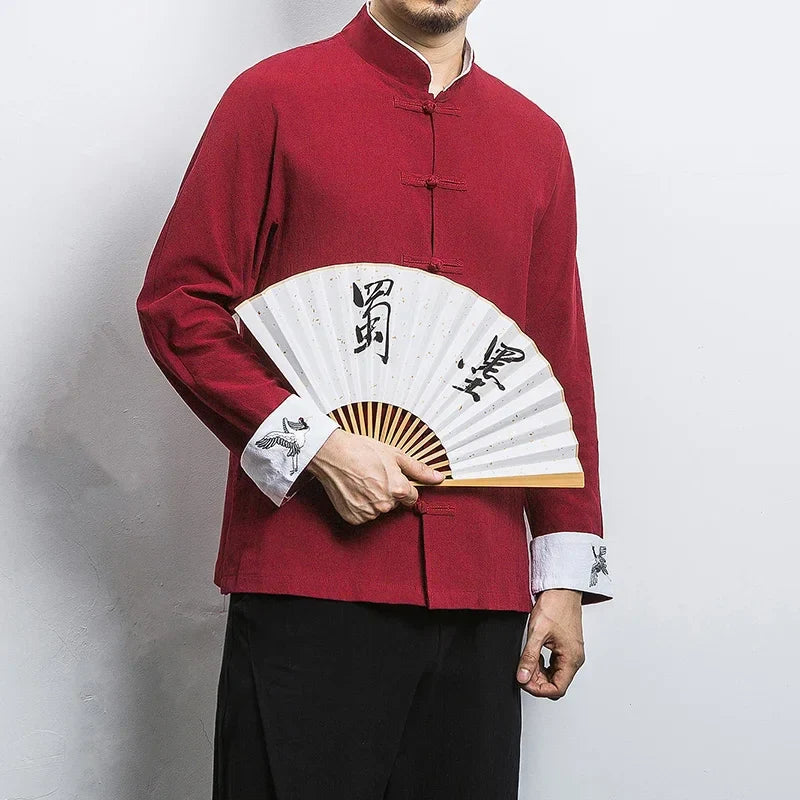 Spring Crane Embroidery Top Traditional Chinese Clothing for Men Vintage Long Sleeve Linen Shirts Madarin Collar Kungfu Shirt