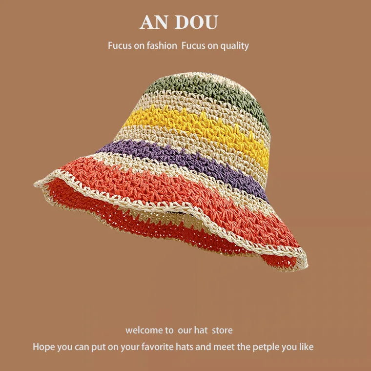 Spring Summer Korean Sweet Big Brim Straw Sun Hat Women Seaside Sunshade Sunscreen Straw Bucket Hat Basin Hat