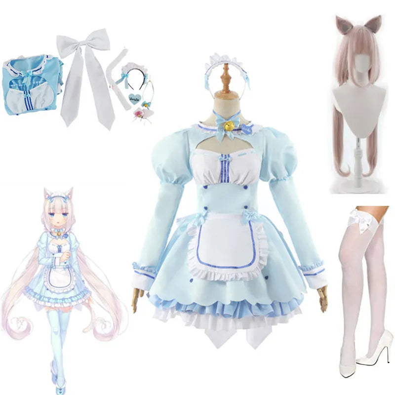 Anime Nekopara Vanilla Cosplay Wig Costume Maid Lolita Dress Blue Halloween Party Show Role Play Outfits For Girls