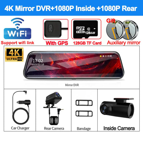 4K Front and Rear Camera Mirror GPS Car DVR Wifi 3Lens Dash Cam for Cars Backup Camera for Vehicle Video Recorder Car Assecories