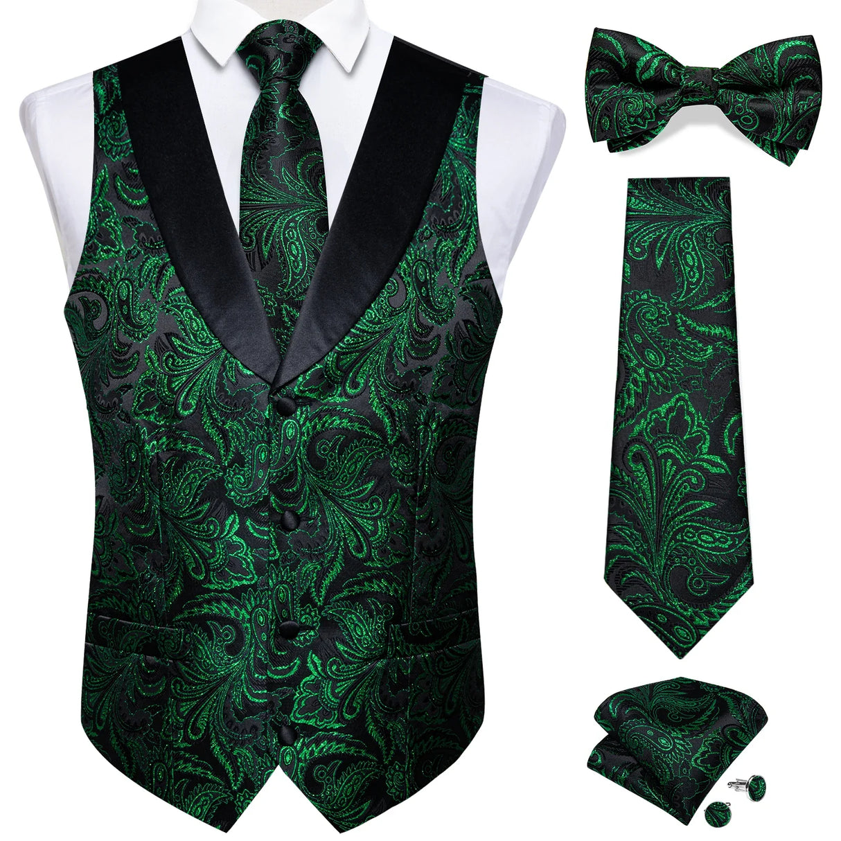 Brand Suit Vest Set For Men Luxury Silk Black Gold Paisley Dress Vest Tie Cufflinks Handkerchief Set Male Sleeveless Waistcoat