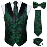 Brand Suit Vest Set For Men Luxury Silk Black Gold Paisley Dress Vest Tie Cufflinks Handkerchief Set Male Sleeveless Waistcoat