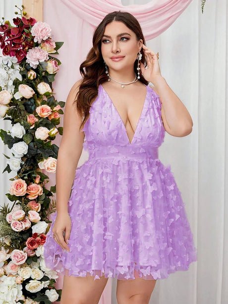 Cinemore Plus Size Summer Dresses Women 2023 Sleeveless Deep V Neck Butterfly Appliques Mesh Sexy Backless Female Cami Dress