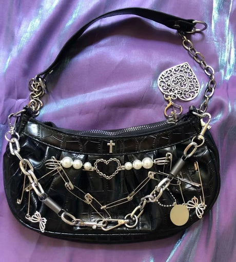 New Shoulder Bag Gothic Handbag Denim Grey Large Capacity Chain Wand Heart Shape Pearl Cross Pattern Diesel Bags Paper Clip