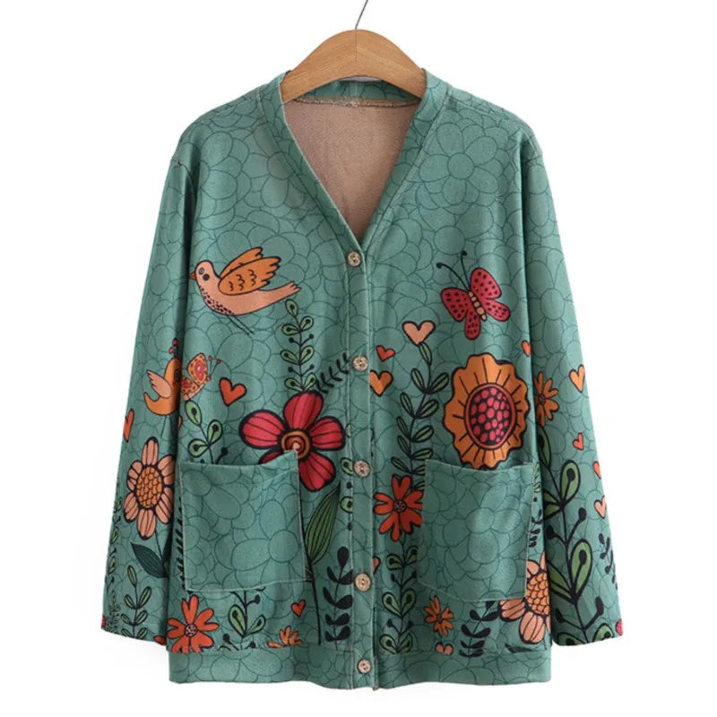 8XL Plus Size Cardigan Women 2023 Spring Print V-Neck Two Pockets Jumpers Long Sleeve Outewear Oversize Curve Clothes