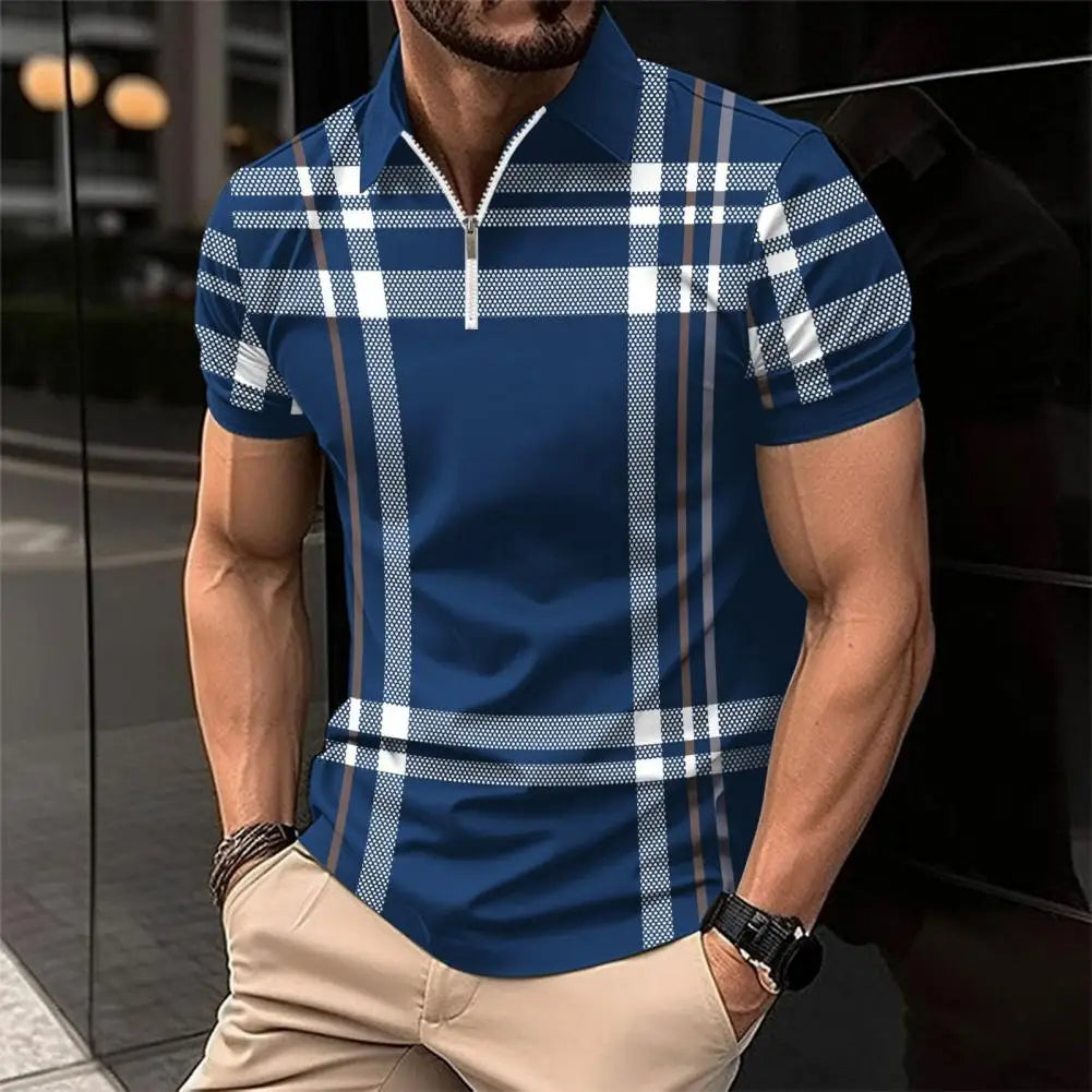 Men Business Shirt Stylish Men's Plaid Striped Shirt with Zipper Lapel Detail Slim Fit Short Sleeve Business Top for Summer Soft