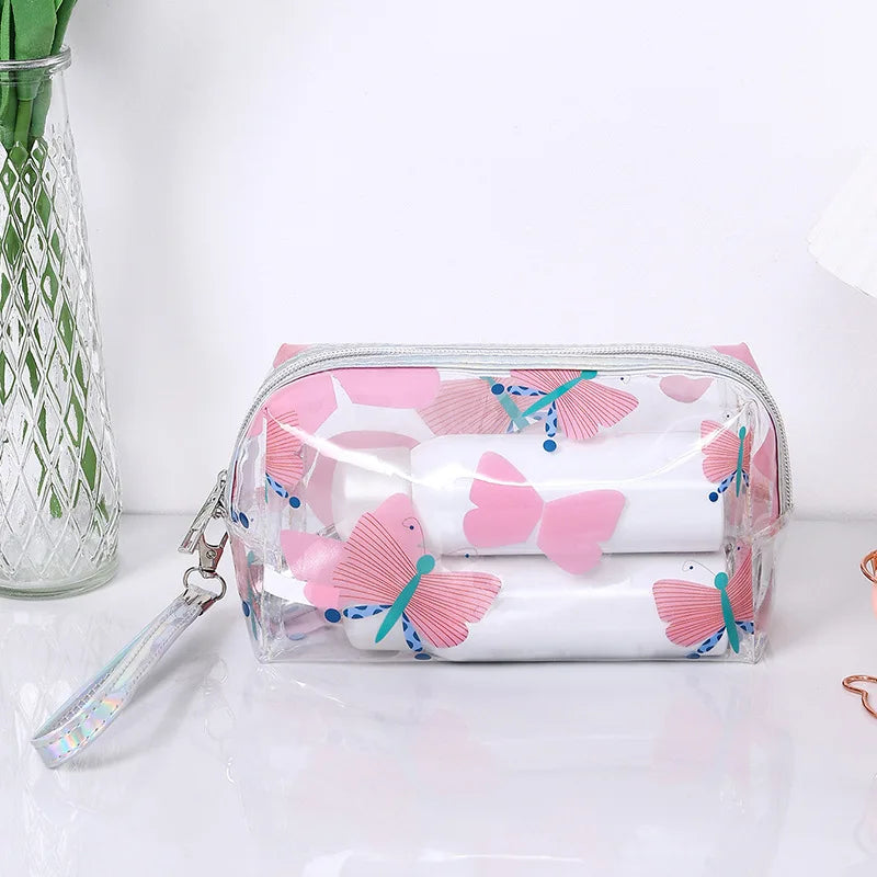 Strawberry Butterfly Fruit Print Clear Makeup Bag Fashion Transparent Travel Fashion Wash Storage Bags Women PVC Cosmetic Bag