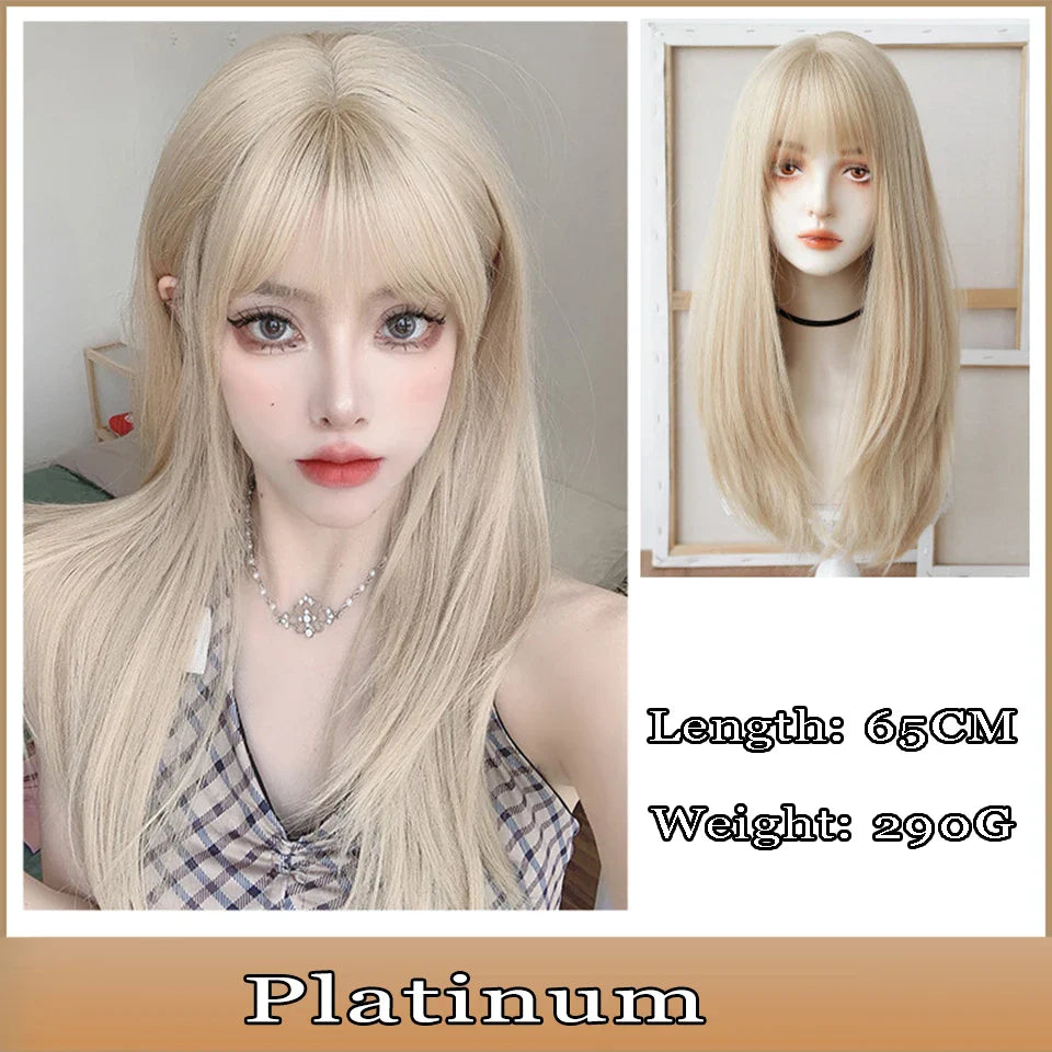 AS  Cosplay Wig With Bangs Synthetic Straight Hair 24 Inch Long Heat-Resistant Pink Wig For Women