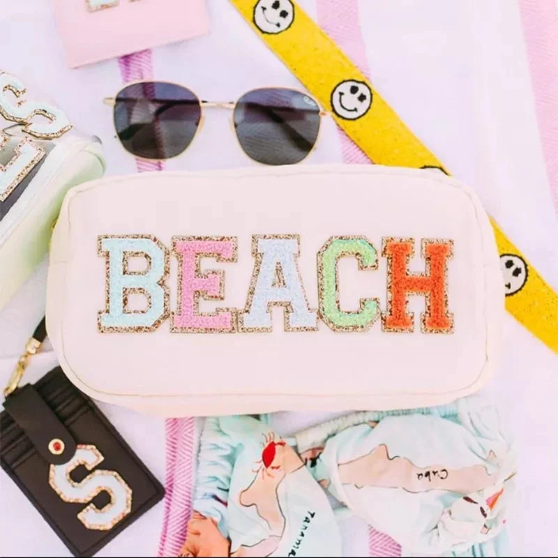 Customize DIY Letters Patch Heart Pearl Rhinestone Nylon Durable Waterproof Pouch Makeup Case Nylon Travel Cosmetic Bag