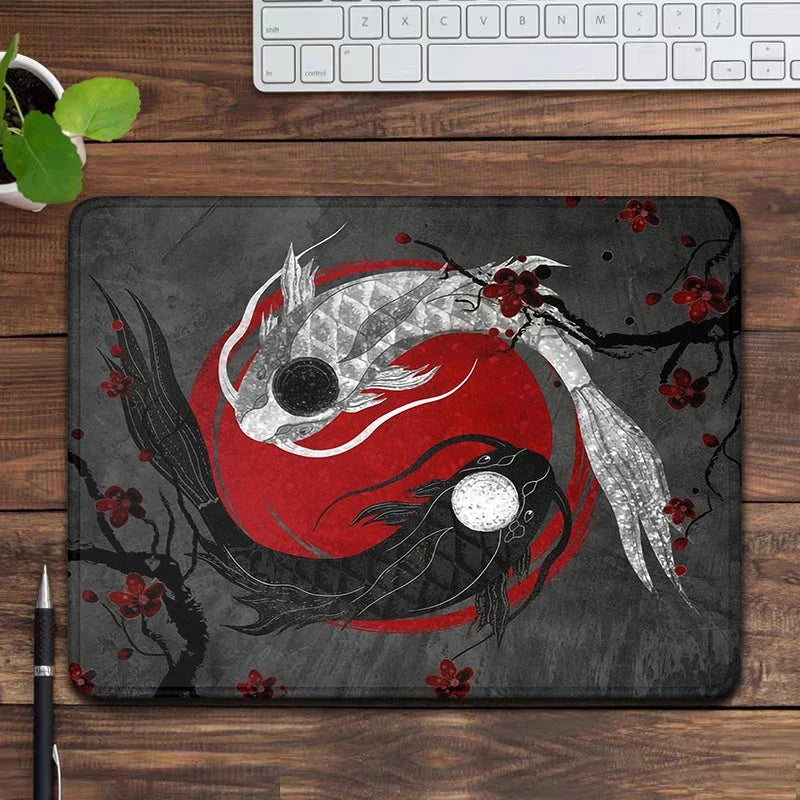 Japanese Koi Desk Mat Black and Red Mouse Pad Japan Fish Yin and Yang Bushido Mousepad Rising Sun Small Gaming Mouse Mat 20x25