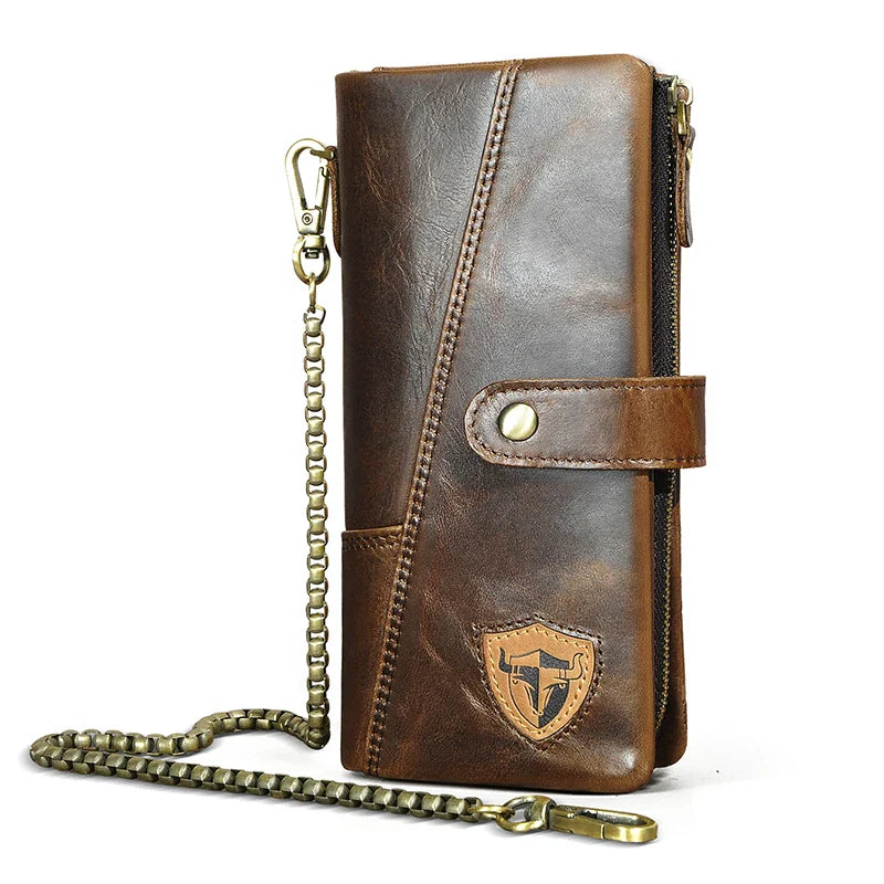 Hot Sale Original Quality Leather Travel Business Organizer Chain RFID Wallet For Men Long Zipper Male Purse Card Holder 1803