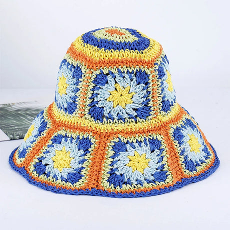 Colorful Crochet Straw Bucket Hat Handmade Knitted Flowers Beach Fisherman Hat for Women Sunshade Cap Vintage Accessories