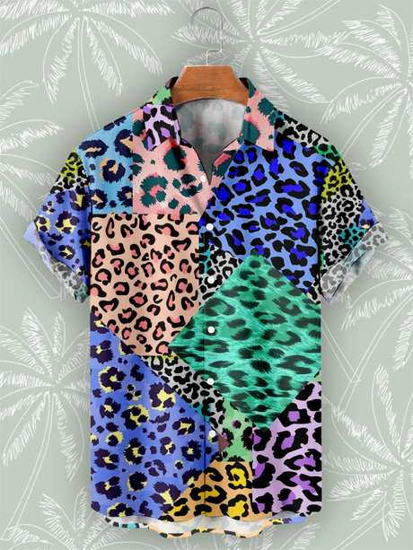 Leopard Patchwork Hawaiian Beach Shirt Summer Fashion 2023 Street Style Short Sleeve Oversized Shirts for Men Casual Ropa Hombre