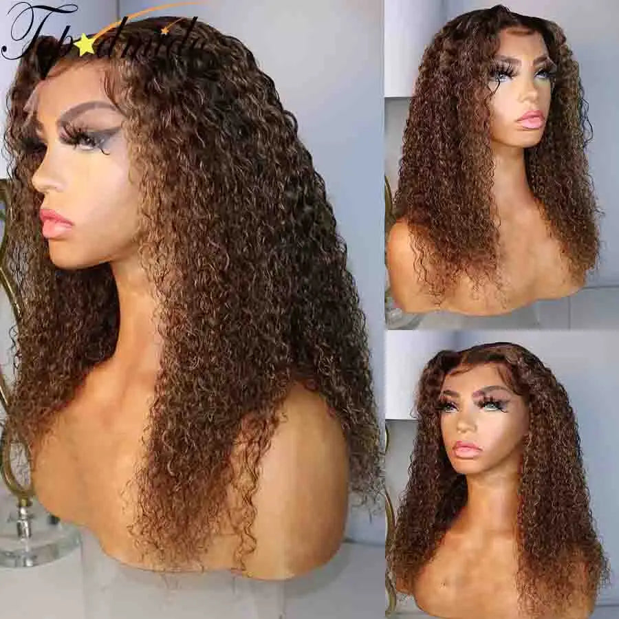 Topodmido Highlight Brown Color Curly 13x6 Lace Wig with Middle Part Brazilian Hair 13x4 Lace Front Wig 4x4 Glueless Lace Wigs