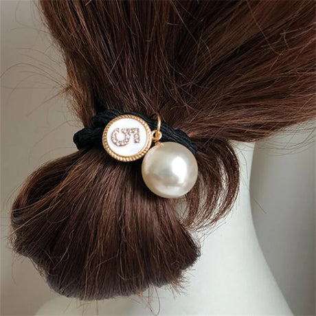 Elegant Faux Pearl Hair Ties High Elastic Seamless Black Scrunchies With Heart Diamond Women Girls Ponytail Holders Scrunchies