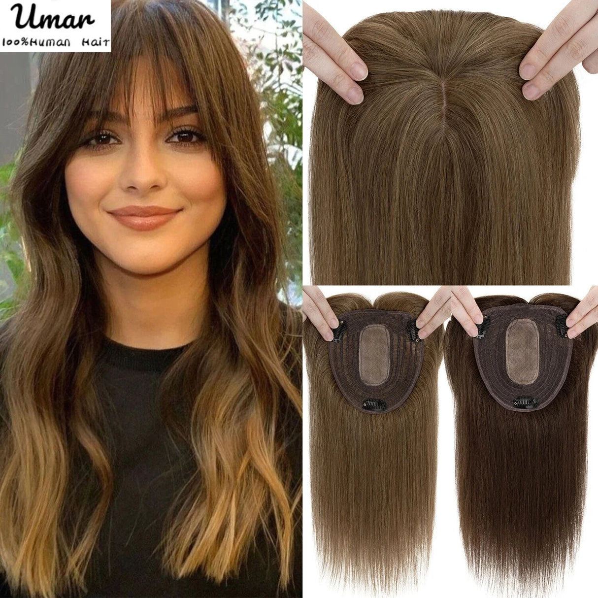 Hair Topper With Bangs Women 100% Human Hair Wigs Clip In Hairpieces Blonde Natural Straight Hair Topper Silk Base 35cm