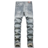 Men Embroidery Patches Denim Jeans Holes Ripped Distressed Pants Slim Tapered Vintage Blue Stretch Trousers