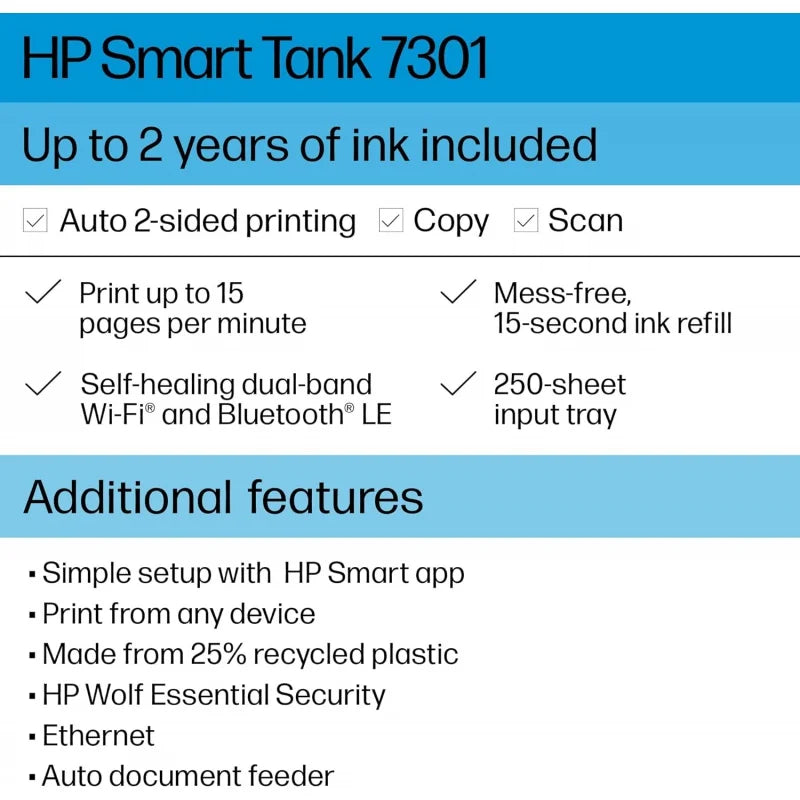 HP Smart -Tank 7301 Wireless All-in-One Cartridge-free Ink Printer, up to 2 years of ink included, mobile print, scan, copy, aut