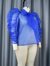 Women See Through Blouse Puff Sleeve Tops Sexy Blue Transparent Loose Casual Evening Night Club Party Shirt Blouse 4XL Plus Size