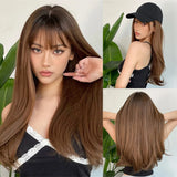 ALAN EATON Chestnut Brown Wavy Synthetic Wigs with Bangs Long Curly Brown Wig for White Women Naturally Hairline Heat Resistant