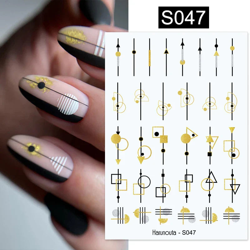 3D Silver Frame Nail Sticker Silver Bronzing Stripe Lines Sliders For Nails Tribal Pattern Decals Marble Blooming Nail Tattoos