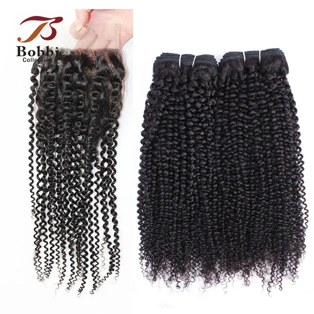 Afro Kinky Curly Bundles With Closure Transparent 4x4 Lace Free Part Natural Black Remy Human Hair Weave 10-30 inch BOBBI