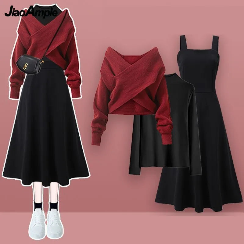 2023 Autumn/Winter New Korean Elegant Matching Set Women's Fashion Cross Knit Sweater+Bottom Shirt+Strap Dress Three Piece Suit