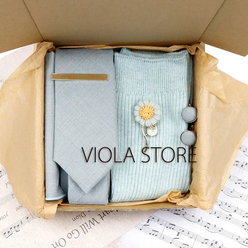 Viola Design 5PCS Gift Box Solid Cotton Sock Tie Sets Clip Pin Cufflinks Hanky Colorful Men Wedding Party Daily Cravat Accessory