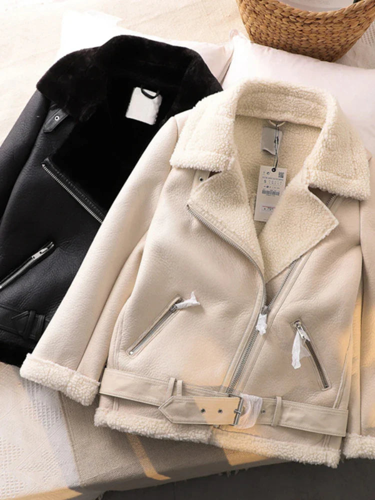 LY VAREY LIN Winter Women Faux Leather Lambs Wool Fur Collar Pu Moto Zipper Jacket Warm Thick Outerwear Faux Lamb Leather Jacket