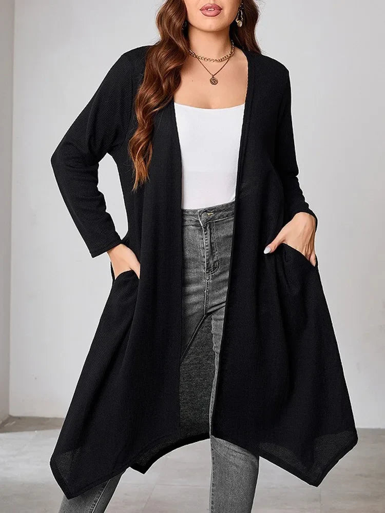 GIBSIE Plus Size Black Casual Long Cardigan Women Spring Fall Loose Long Sleeve Open Front Outwear Top Female with Pockets