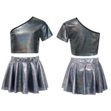 Kids Girls Street Hip Hop Dance Costumes Cheerleading Outfit Metallic Shiny One Shoulder Crop Top with Skirt Set Girl Dance Wear