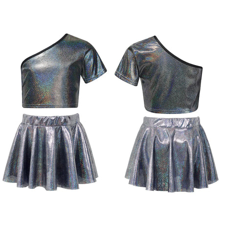 Kids Girls Street Hip Hop Dance Costumes Cheerleading Outfit Metallic Shiny One Shoulder Crop Top with Skirt Set Girl Dance Wear