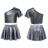 Kids Girls Street Hip Hop Dance Costumes Cheerleading Outfit Metallic Shiny One Shoulder Crop Top with Skirt Set Girl Dance Wear